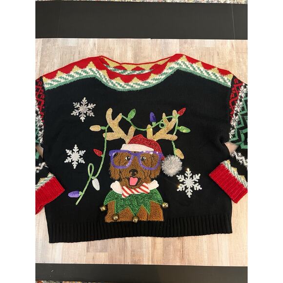 33 Degrees Christmas Sweater Women Med Black Red Dog Graphic Ugly Sweater Jingle - Picture 2 of 9